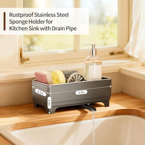 MOUKABAL Sponge Holder for Kitchen Sink – Rustproof Stainless Steel, 360° Rotating Drain Pipe, Large Counter Organizer with Drip Tray for Sponges, Brushes & Dish Cloths Grey - Thumbnail 2