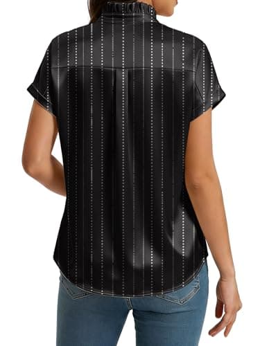 Funlingo Silk Blouse for Women Dressy Casual Striped Short Sleeve Button Down Shirts Summer Ruffle Collared Satin Tops Work Clothes Black Stripe S - Thumbnail 5