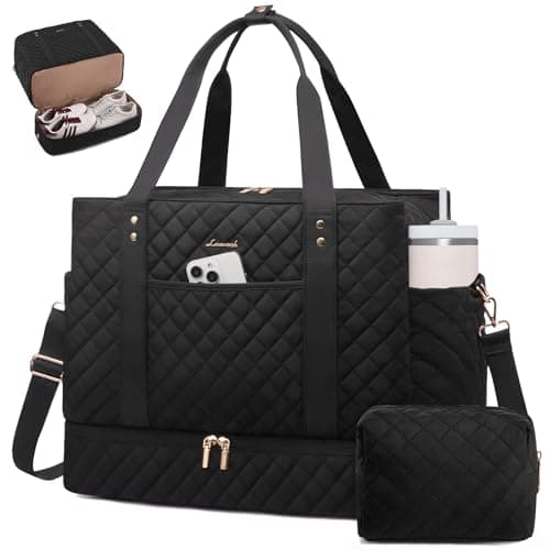 LOVEVOOK Large Travel Duffle Bag for Women, 45L Weekender Bags with Shoe Compartment & Wet Pocket, Quilted Carry On Personal Item Bag, Overnight Hospital Bags for Labor Delivery Black - Image 1