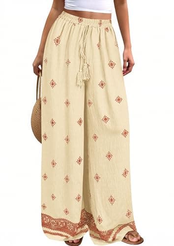 PRETTYGARDEN Women's Wide Leg Palazzo Pants 2026 Summer Boho Floral Trousers Spring Flowy Beach Vacation Clothes Resort Wear (Light Yellow Brick Red,Medium) - Image 1