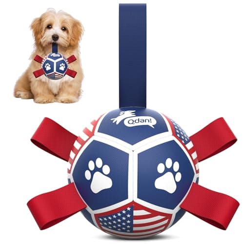 QDAN Small Dog Toys, Puppy Balls, Flag Soccer Ball with Straps, Durable Dog Balls for Small Dogs (5 Inch)