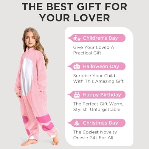 OLAOLA Kids Animal Onesie, Unisex Pink Dinosaur Onesies, Plush Cosplay Pajamas for Girls Boys, One-Piece Sleepwear Halloween Costume - Thumbnail 6