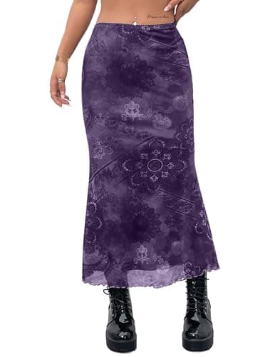 Avanova Women Floral Print Mesh Mermaid Skirt High Waist Boho Summer Midi Skirt Purple B XX-Large - Image 1