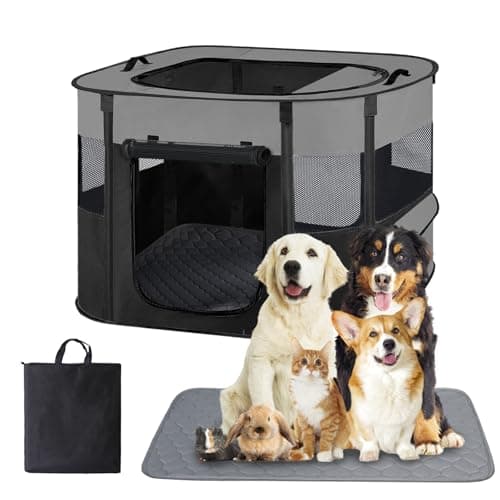 Large Dog Cat Playpen Crate with Waterproof Pad,Portable Collapsible Pet Dog Cat Kennel Cage Tent,Suitable for Indoor Outdoor Travel Camping,Water-Resistant Breathable Shade Cover (Grey L)