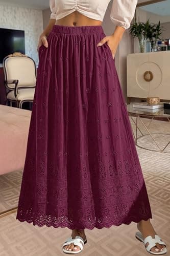 dowerme Women Summer Maxi Skirt Cute Elastic High Waist Boho Eyelet A-Line Cotton Flowy Long Skirts Spring Clothes 2026(Burgundy,Large) - Thumbnail 5