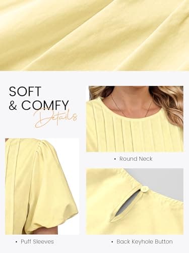 Funlingo Babydoll Tops for Women 2026 Summer Casual Puff Sleeve Blouses Crew Neck Loose Fit Flowy Pleated Shirts Trendy Clothing Yellow M - Thumbnail 5