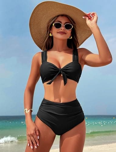 ZAFUL Womens Ruched High Waisted Bikini Set Tie Knot High Rise Two Piece Swimsuits Bathing Suits High Waist Tummy Control Bikini Bottom Black XL - Thumbnail 2
