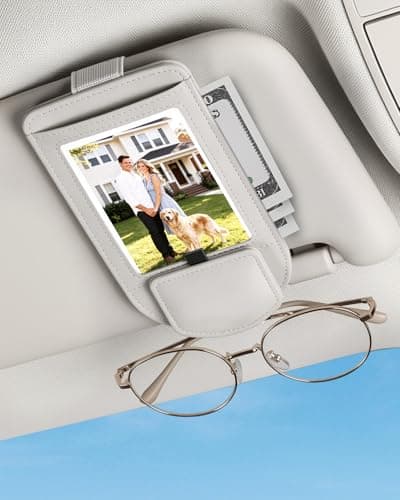 Tmengdao Car Visor Sunglasses Holder, 3 in 1 Glasses Clip with Photo Picture Display & Extra Storage Pocket, Anti-Slip Universal Sun Visor Organizer, 2026 Upgraded (1, Off-White)