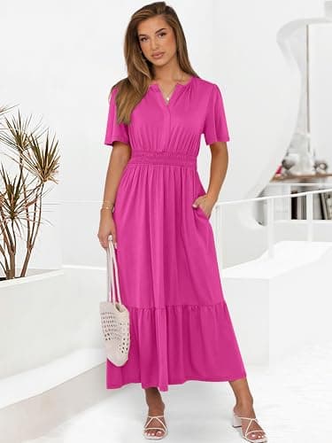 ANRABESS Women's Summer Short Sleeve Maxi Dress 2026 Casual V Neck High Waist A-Line Flowy Loose Tiered Boho Long Dresses Red Large - Thumbnail 2