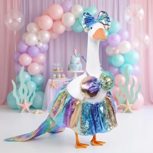 yuboo Hawaiian Mermaid Porch Goose Outfit Set for 23 Inch Cement Lawn Goose, Laser Iridescent Bikini Dress Outfit with Big Bow, Funny Yard Decor for Mermaid Birthday Summer Pool Party - Image 1
