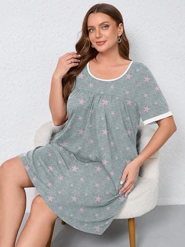 AusLook Plus Size Women's Nightgown 3X Pink Stars Short Sleeve Sleep Dress Sleepwear Soft Sleepshirts Pleated Scoopneck Nightshirt Sleep shirts with Pockets - Thumbnail 6