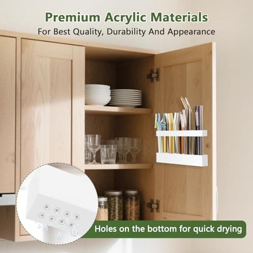 Malldii 9.5" Large Acrylic Straw Holder for Cabinet Door - Reusable Tumbler Straw Organizer Storage, Small Kitchen Accessories Container, Ultra Sticky Cupboard Door Mounted (White) - Thumbnail 2