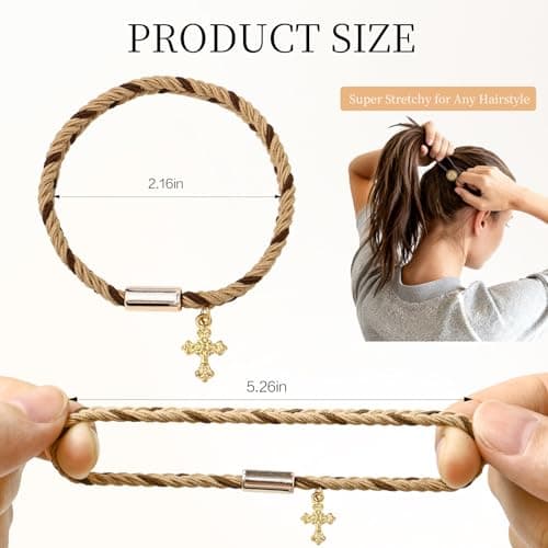 6 Pcs Boho Hair Tie Bracelets for Women | 6 Styles Cross & Jesus Stretchy No-Pull Elastic Hair Ties for Fine & Thick Hair, No Damage Hair Bands for Ponytail Holders - Thumbnail 4