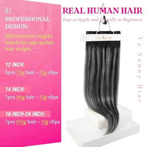 Ve Sunny Black Clip in Hair Extensions Real Human Hair Ombre Remy Hair Clip ins Balayage Clip on Hair Extensions for Women Natural Blend Natural Graying Roots 18 Inch 120g 7pcs - Thumbnail 5