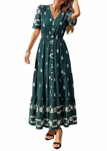 PRETTYGARDEN Womens Summer Boho Maxi Dress 2026 Trendy Short Sleeve V Neck Flowy Beach Floral Dresses with Pockets (Peacock Blue,Medium) - Image 1