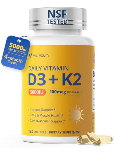 VIVI Youth Vitamin D3 K2 Supplement 5000 IU & MK-7 100mcg with Sunflower Seed Oil, High Absorption Softgels for Bone, Immune & Heart Health, Soy-Free, Non-GMO 120 Servings for Adults & Seniors - Image 1