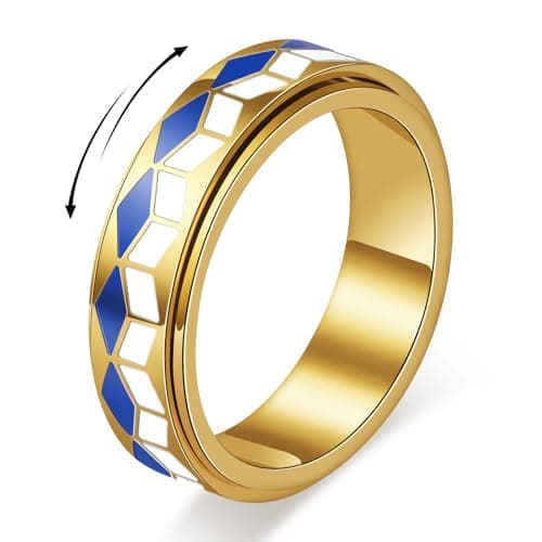 AmorArtSky Checkered Fidget Spinner Ring for Anxiety Relief, 18K Gold Plated Stainless Steel Stress Relief Spinning Ring with Blue White Enamel for Women & Men, Non Tarnish Gift Size 6-10 (Blue White Checkered Ring_Gold, size 6) - Image 1
