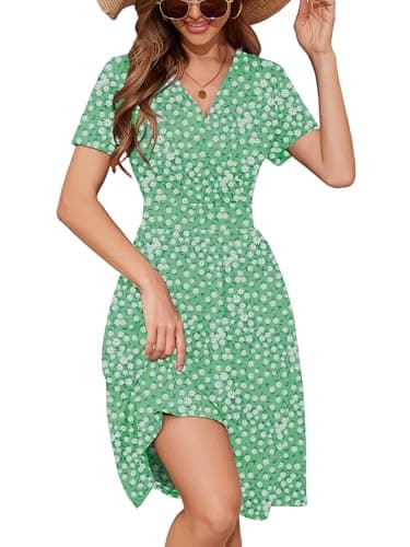 Heymoments Women's Summer Comfy Swing Sundress Fresh Daisy Medium Short Sleeve Casual Midi Dress Empire Waist Wrap V Neck A-Line Classy Beach Vacation Teacher Dresses with Pockets - Image 1
