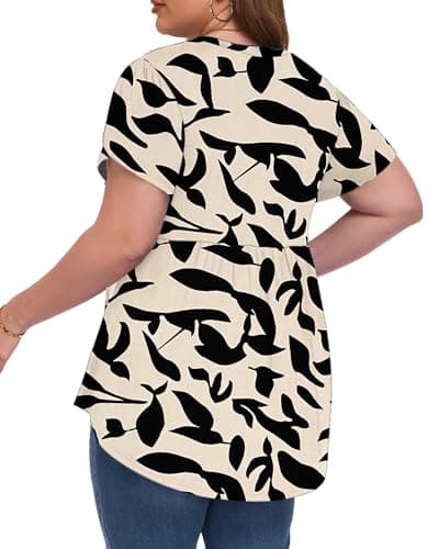 PLOKNRD Womens Plus Size Short Sleeve Tunic Tops Floral T-Shirts V-neck Summer Dressy Blouse Casual Pleated Pullover 2026 4X - Thumbnail 4