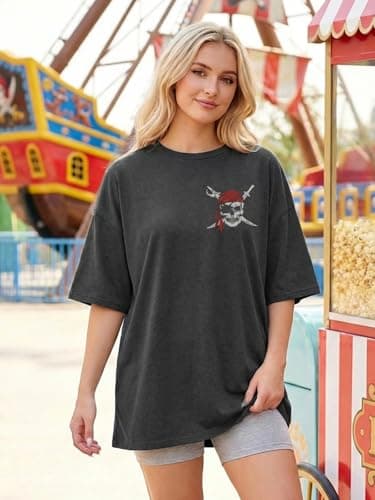 Pirate Shirt Women Vintage Graphic Oversized Skeleton Shirt Funny Casual Skull Short Sleeve Top - Thumbnail 5