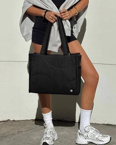 Telena Tote Bag for Women Puffer Bag Quilted Carryall Shoulder Handbag Lightweight for Travel Work Gym Black - Thumbnail 2