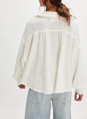 KGGT Women's Waffle Knit Tops Long Sleeve Henley Shirts Oversized Pullover Peter Pan Collar Loose Tunic Blouses(White,L) - Thumbnail 2