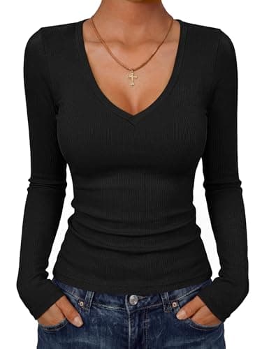 ANRABESS Women's Long Sleeve Deep V Neck Tops Black Medium - Image 1