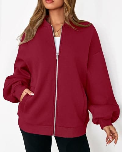 KIRUNDO Oversized Sweatshirt for Women Zip Up Bomber Jacket 2026 Fall Fashion Casual Long Sleeve Outerwear Winter Outfits(Red, Large) - Thumbnail 4
