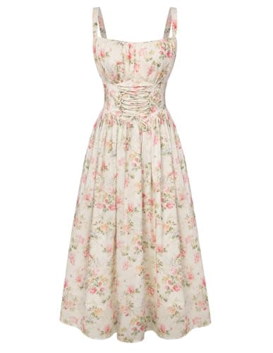 Scarlet Darkness Floral Dress for Women 2026 Corset Milkmaid Dresses Casual Summer Sundress with Pockets Vintage S - Image 1