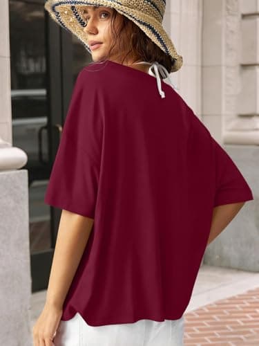 REORIA Women's Trendy Oversized V-Neck T Shirt Short Sleeve Off The Shoulder Contrast Stitching Loose Fit Tops for 2026 Spring Summer Burgundy Large - Thumbnail 4