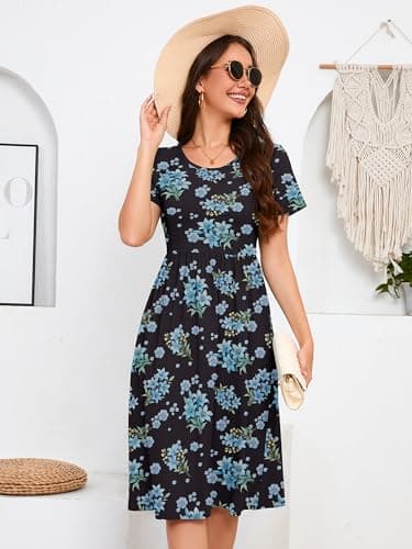 DEARCASE Summer Dresses for Women Floral Black Blue and White Flower XX-Large Short Sleeve A Line Summer Casual Midi Sundress Wedding Guest Flowy Swing Cocktail Spring Empire Waist Dress with Pockets - Thumbnail 6