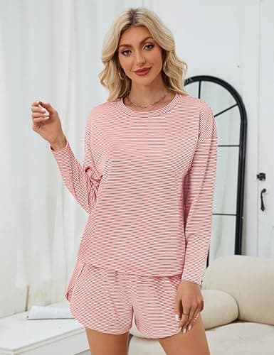 JUSTFASHIONNOW Womens Long Sleeve Pajama Sets Cute Lounge Set 2 Piece Crew Neck Striped Sleepwear Comfy Split Short Pajama Set Soft Fall Outfits Christmas Loungewear Cozy Pj sets (Red, Large) - Thumbnail 4