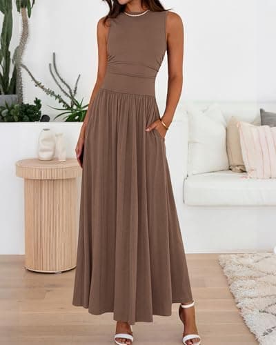 BTFBM Summer Maxi Dresses for Women 2026 Spring Sleeveless Casual Ruched High Waisted Long Sundress Flowy Beach Dress(Khaki, Medium) - Thumbnail 2