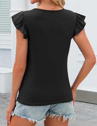 JUSTFASHIONNOW Womens Ruffle Short Sleeve Tops Black Cute Summer Shirts Dressy Casual Crew Neck Blouses 2026 Fashion Outfits(Black,Small) - Thumbnail 3