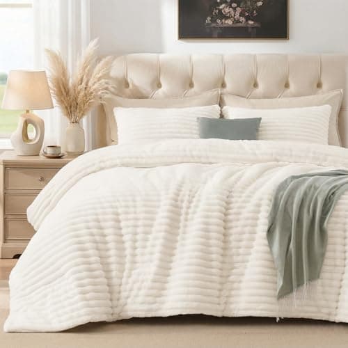 Quataly Marshmallow Queen Fleece Comforter Set Cream White Faux Fur Fluffy Comforter Set Luxury Bedding Set Soft Plush Fuzzy Warm Bed Set All Season 3 Pieces (1 Shaggy Comforter, 2 Pillowcases)