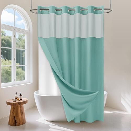 PILOTSHARK No Hook Waffle Weave Shower Curtain Set with Snap-in Fabric Liner and Mesh Top Window,256GSM Heavy Duty Fabric,Turquoise Washable Luxury Shower Curtain for Bathroom Stalls (72x75 Inch) - Image 1