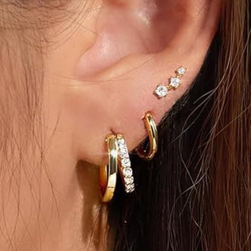 Small Gold Hoop Earrings for Women Dainty Gold Earrings| 14K Gold Plated Hypoallergenic Stud earrings Set| Cartilage Earrings for Multiple Piercing for Women (01-Gold-Moon) - Thumbnail 4