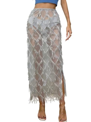 AXX Women's Sequin Fringe Midi Skirt - Sheer Mesh Sparkly Tassel Skirt with Side Slit, Elastic Waist Glitter Party Club (US, Alpha, XX-Large, Regular, Regular, Grey) - Image 1