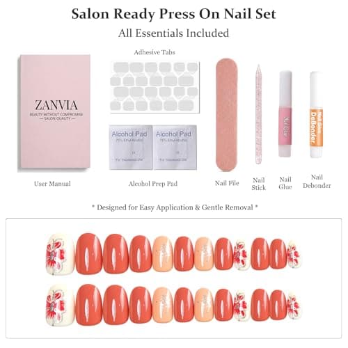short round press on nails orange - floral acrylic fake nails salon quality reusable tips for women, perfect DIY manicure at home, 24 Nails in 12 Sizes - Thumbnail 4