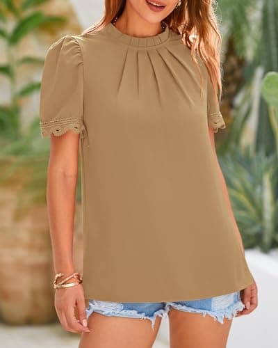 BTFBM Women Blouses Dressy Casual 2026 Summer Tops High Neck Lace Trim Short Sleeve Business Work Shirts Spring Clothes(Light Khaki, XX-Large) - Thumbnail 6