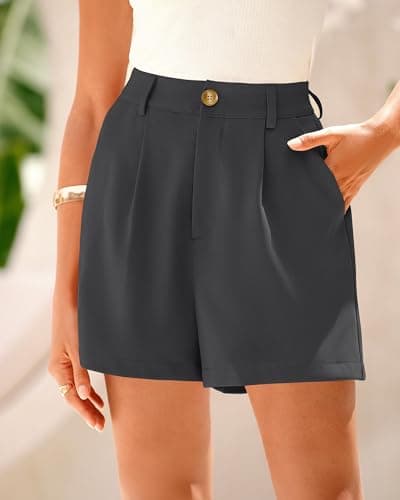 KIRUNDO Shorts for Women Dressy Casual Summer Elastic Waist in the Back Pleated Wide Leg Tailored Work Trouser Shorts (Dark Grey, Large) - Thumbnail 3
