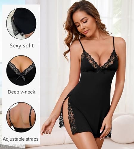 XJG Women Lingerie V Neck Sexy Nightgown Lace Trim Sleep Dress with Side Slit Night Gowns Soft Loungewear Sleepwear Black - Thumbnail 3