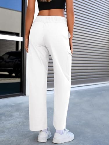 Cicy Bell Womens Cotton Cargo Pants Low Rise Drawstring Waist Wide Leg Casual Hiking Pants with Multiple Pockets White - Thumbnail 3