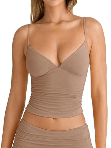PINKMSTYLE V Neck Camisole Tops for Women Spaghetti Strap Double Lined Tank Top Ruched Crop Tank Tops Slim Fit Cami Shirt Apricot X-Large - Thumbnail 4