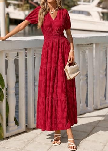KIRUNDO Summer Dresses for Women 2026 Boho Flowy Casual Short Sleeve V Neck Elastic Waist Floral Long Baby Shower Maxi Dress(Red, XX-Large) - Thumbnail 4