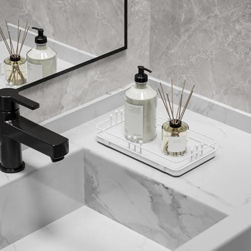 Pursura Bathroom Vanity Tray for Toiletries Makeup Perfume Candle Toilet Tank, Kitchen Tray for Soap Dispenser Spice Salt, Small Tray for Countertop Decor Coffee Nightstand 7.9”x4.4” White - Thumbnail 3