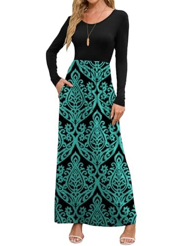 DEARCASE Long Sleeve Maxi Dresses for Women Floral Blue Green XX-Large Round Neck Boho A-line Casual Hawaiian Sundress Flowy Elegant Party Vacation Spring Summer Beach Long Sun Dresses with Pockets - Image 1