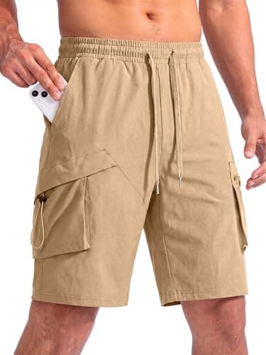 Crastimo Mens Hiking Cargo Shorts Quick-Dry 11''Water Resistant Drawstring Wlastic Waist 4 Multi-Pockets Pants Fishing Travel Casual Khaki M - Image 1