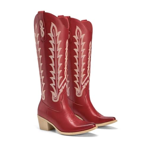 Athlefit Red Cowgirl Boots Women Cowboy Western Knee High Comfortable Slip On Low Chunky Heel Square Toe Retro Embroidered Party Concert Tall Boots Red Size 5.5 - Thumbnail 6