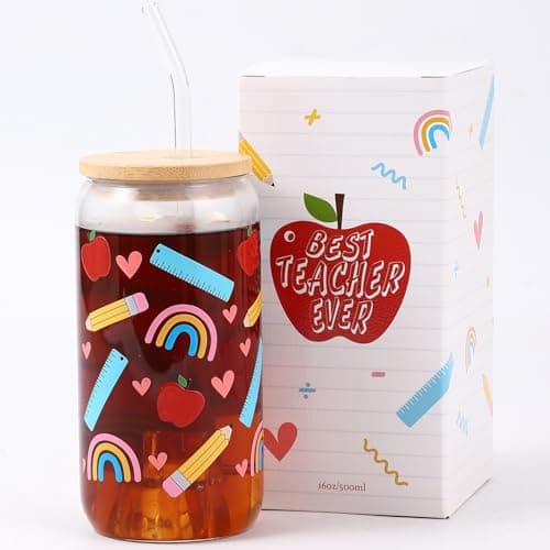 Celebloom Teacher Appreciation Gifts for Women, Best Teacher Ever Glass Cup with Lid and Straw for Birthday Christmas Thank You Gifts for Women, Back to School Teacher Gift